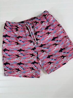 Men's Shark-Print Pink Swim Trunks with Drawstring